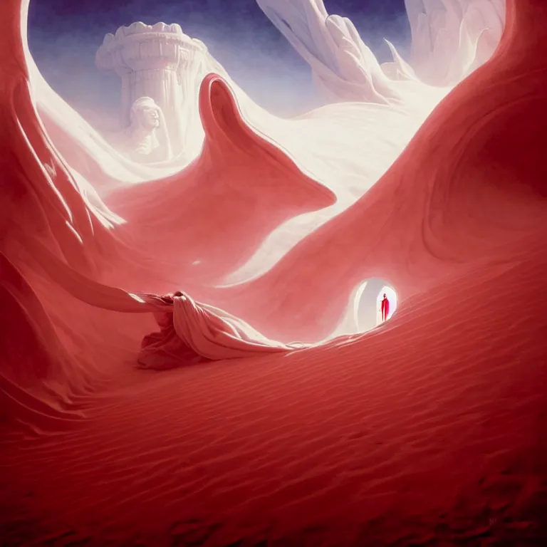 Image similar to one lone singular swirling otherworldly angelic figure shrouded in red robes emerges from extensive barren white dunescape, matte painting by peter mohrbacher and filip hodas, background basilica sacre coeur, godrays, high contrast, highly detailed, a