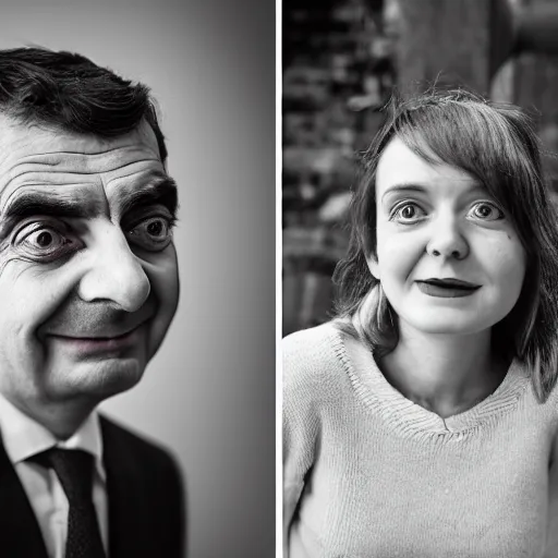 Image similar to A portrait mr bean elizabeth teams up with a teenage mr bean, perfect faces, 50 mm, award winning photography