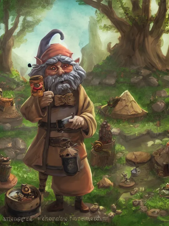 Image similar to evil alchemist gnome, brown tuffle coat, evil smile, flasks in hands, giving flasks to other gnomes, dnd, forest background, matte painting, midjourney