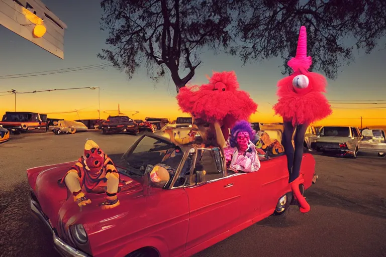 Prompt: 2 0 clowns leaving a clowncar at a california drive in, in 2 0 1 2, cutecore clowncore, bathed in the the glow of the sunset, low - light photograph, in style of henry selik