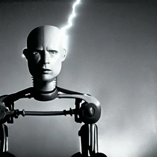 Prompt: movie scene of a man with a robot head, movie still, cinematic composition, cinematic lightning, Movie by David Lynch and Andrzej Żuławski