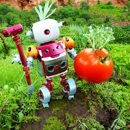 Image similar to cute robot made of plants with big tomato hat and a carrot sword, made in abyss style