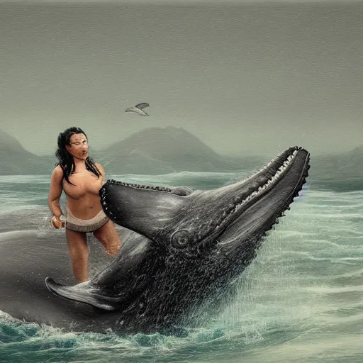 Prompt: maori girl riding a whale in ocean ,in the rain, style of Hiroshi Sugimoto ,atmospheric illustration, horror