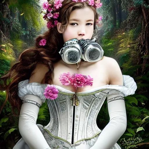 Image similar to A masterpiece ultrarealistic ultradetailed portrait of a Incredibly beautiful angel armored princess knight IN INCREDIBLE FEARFUL sharp poisoned GAS MASK WITH FLOWERS and swarovski crystals. baroque renaissance. in the forest. White amazing corset. medium shot, intricate, elegant, highly detailed. trending on artstation, digital art, by Stanley Artgerm Lau, WLOP, Rossdraws, James Jean, Andrei Riabovitchev, Marc Simonetti, Yoshitaka Amano. background by James Jean and Gustav Klimt, light by Julie Bell, 4k, porcelain skin. BY ZDIZISLAW BEKSINSKI Cinematic concept art