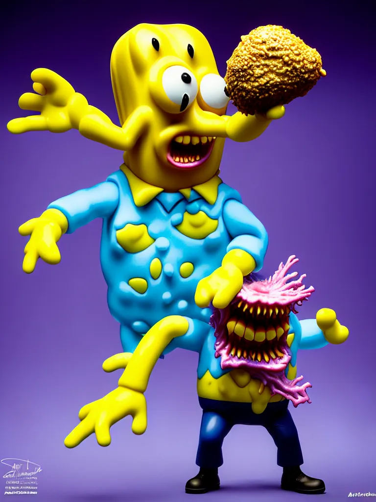 Image similar to hyperrealistic rendering, fat smooth john carpenter flesh monster spongebob by art of skinner and richard corben and jeff easley, product photography, action figure, sofubi, studio lighting, colored gels, colored background