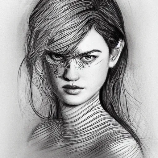 Prompt: a sketch drawing, ultra detailed, portrait, mystical, energy, fantastic, magic, beautiful eyes, beautiful woman, oval face shape, ruby in the forehead, surreal, trending on artstation