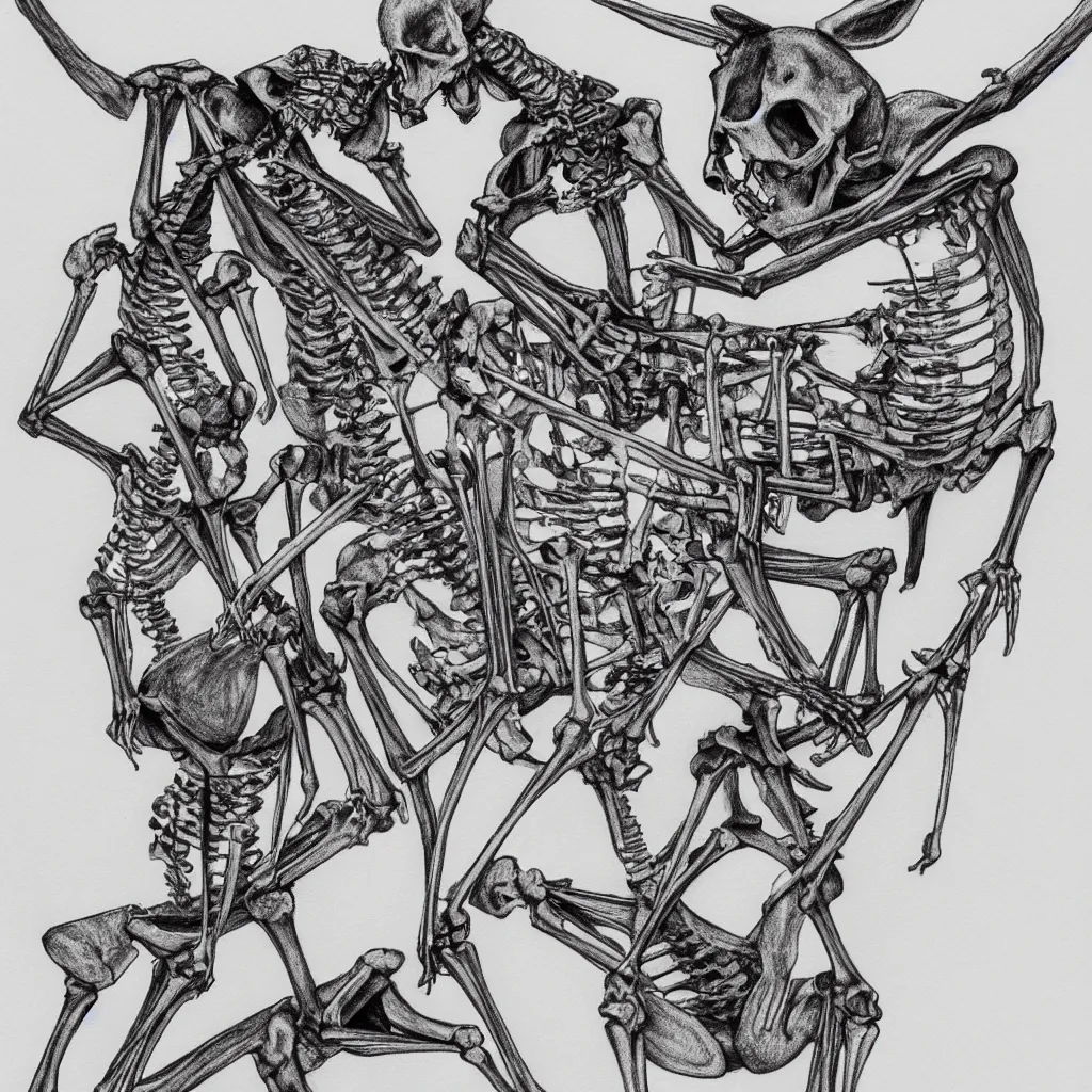 Prompt: t-shirt design of one kangaroo skeleton fighting another kangaroo skeleton, super detailed, symmetrical, pencil illustration