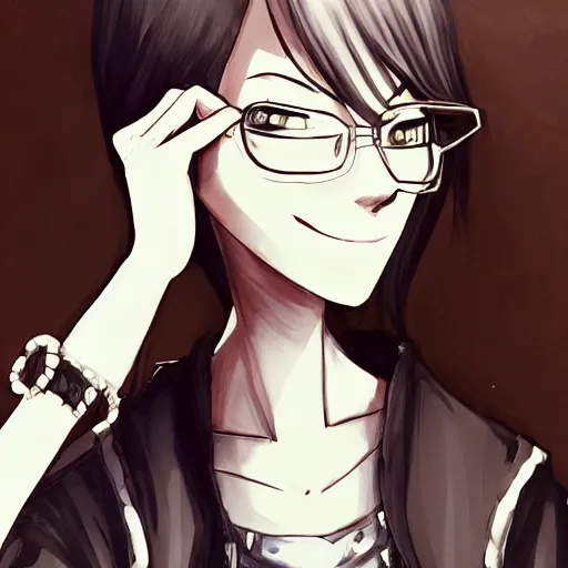 Prompt: a portrait of an tall anime girl with muscular arms, strong jaw, pretty face, a big grin. brown skin. black sunglasses. black cloak and a plain black shirt and trousers. art made by Akihiko Yoshida in the style of Bravely Default II, highly detailed, trending on art station, fantasy themed,