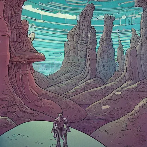 Prompt: retro sci-fi landscape by moebius