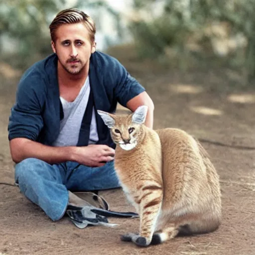 Prompt: Ryan Gosling and the cat Caracal