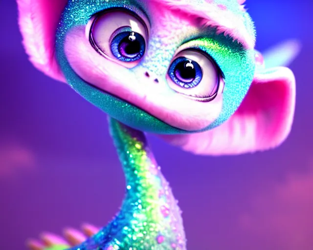 Image similar to a cute cute baby dragon, big eyes, soft fur texture, pastel colours, colorful, shiny glitter crystals, cute, adorable, pixar animation style, detailed, soft light, octane render, cute, 4 k,