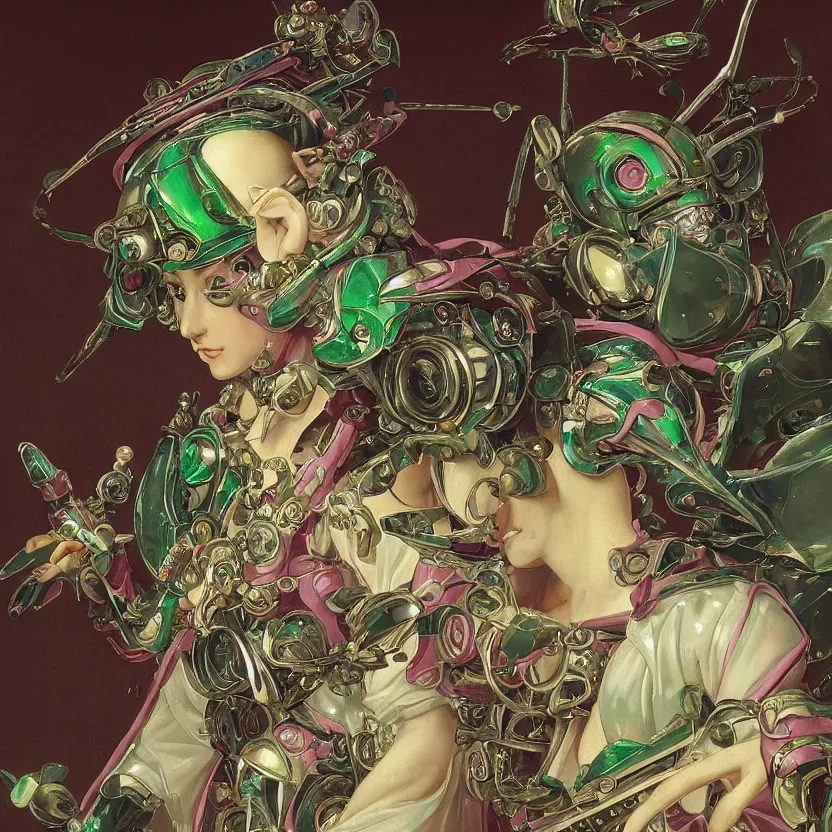 Prompt: a baroque neoclassicist close - up renaissance portrait of an emerald and white iridescent whimsical 1 8 0 0 s japanese mecha gundam butterfly witch. reflective detailed textures. glowing eyes, dark background. highly detailed fantasy science fiction painting by moebius, norman rockwell, frank frazetta, and syd mead. rich colors, high contrast. artstation