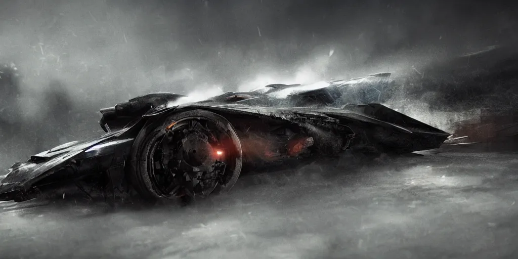 Prompt: the batmobile caught in the flow of time. octane render. 8 k. dark. atmospheric. cinematic. spectacular. sense of awe. debris. mist. strong winds. super slowmotion. matte painting painted by sparth and craig mullins