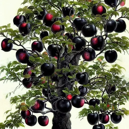 Image similar to a tree with many black colored apples (((leaves))) black poison apples, #black apples, ?black apples, !black apples, •black apples painted by rossdraws, greg rutkowski, thomas kindkade