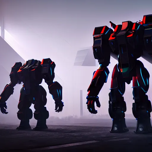 Image similar to futuristic war mechs walking into battle, highly detailed, 4 k, hdr, award - winning, unreal engine, trending on artstation, volumetric lighting