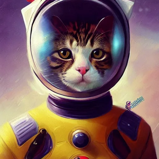 Image similar to head and shoulders masterpiece portrait of a cute adorable cat wearing a spacesuit, surreal background, digital art by krenz cushart, trending on artstation, cgsociety,