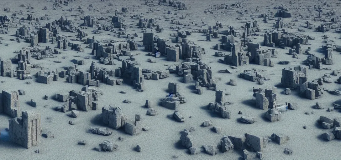 Prompt: a barren blue desert in blue light, scattered with the ruins of statues of blue female figures, cinematic composition, chalky, artstation trending