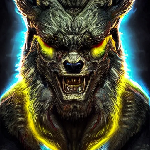 Prompt: ancient neon monster werewolf portrait, intricate artwork by basil gogos josan gonzalez, artgerm, h. r. giger, kilian eng, very coherent artwork, cinematic, hyper realism, vibrant, octane render, unreal engine, 8 k, high contrast, higly detailed black ink outline