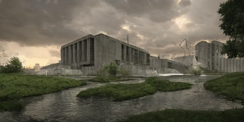 Image similar to soviet brutalims huge green concrete orbs in city view by argerm and eddie mendoza, green glow, puddles of water, sunset, trees, dark, moody, volumetric lighting, dirty