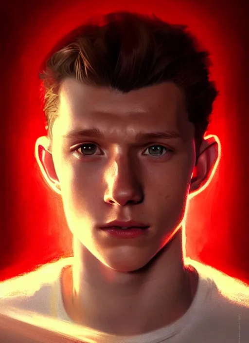 Image similar to portrait of tom holland, hazel eyes, red shirt, intricate, elegant, glowing lights, highly detailed, digital painting, artstation, concept art, smooth, sharp focus, illustration, art by wlop, mars ravelo and greg rutkowski