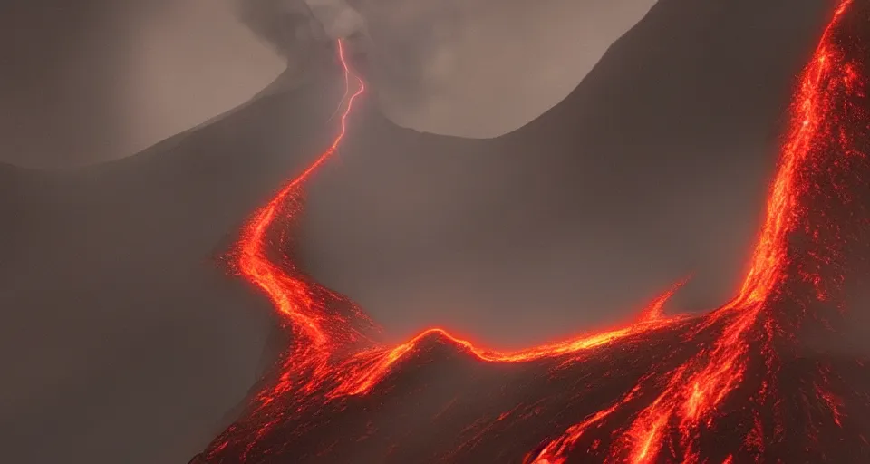 Image similar to a volcano made of ivory vines and crimson rocks enters in eruption, it spits a smoke in the shape of demonic eye, from Guild Wars