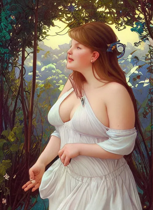 Image similar to a chubby white woman with pointed ears, wearing a white sundress, rainbow pastel clouds for hair, realistic painting by ross tran and gerald brom and alphonse mucha, artgerm, trending on artstation