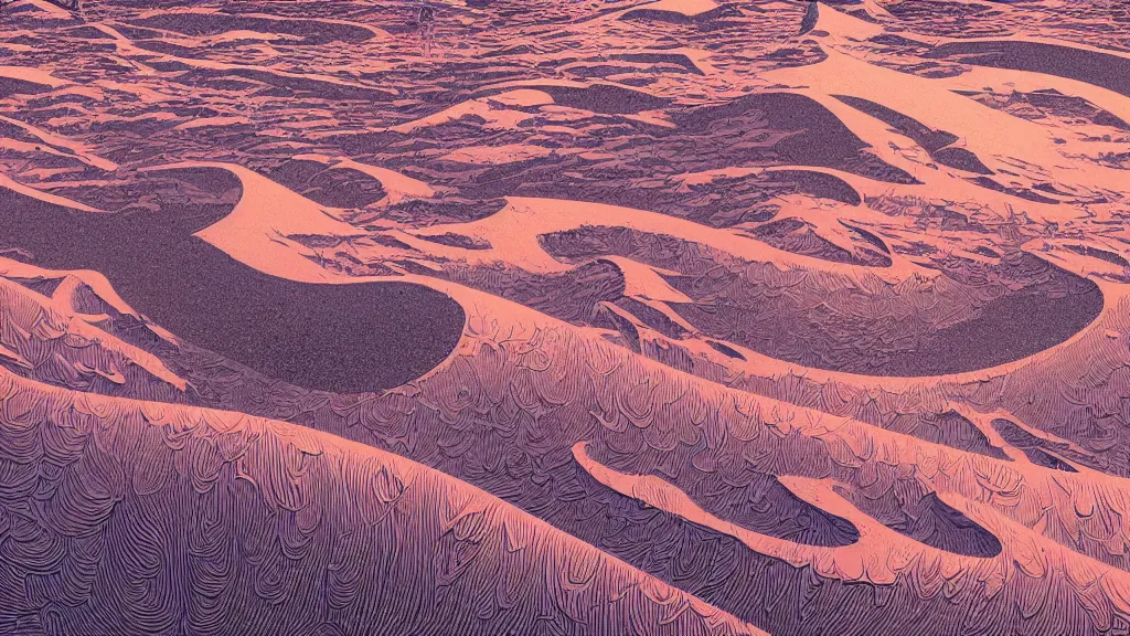 Image similar to highly detailed illustration of high exposure sand dunes at night by moebius, nico delort, oliver vernon, kilian eng, joseph moncada, damon soule, manabu ikeda, kyle hotz, dan mumford, otomo, 4 k resolution