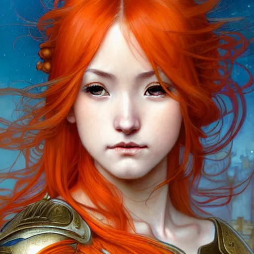 Image similar to Masterpiece head and shoulders portrait of Asuna Yuuki, young woman with orange hair wearing a partial paladin armor with a red skirt and white top, face, fantasy, intricate, elegant, highly detailed drawn by Donato Giancola and Fernanda Suarez and Artem Demura, face by Artgerm and Edmund Leighton, Alphonse Mucha, background by James Jean and Gustav Klimt, 4k, porcelain skin, komorebi, french nouveau, trending on pixiv, octane render, hyperrealistic