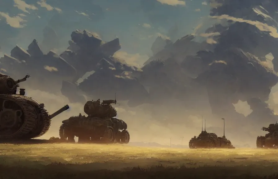 Prompt: concept art of a dusty field with ruined dieselpunk orcish tanks in the background, bomb craters, smoke, key visual, ambient lighting, highly detailed, digital painting, artstation, concept art, sharp focus, by makoto shinkai and akihiko yoshida and hidari and wlop