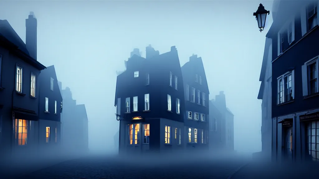 Prompt: the old town with houses in the windows of which the light is on. early morning, fog. mike barr painting. volumetric light, derk blue ambient, noir arthouse, 3 5 mm, hight detalied, hd, 4 k