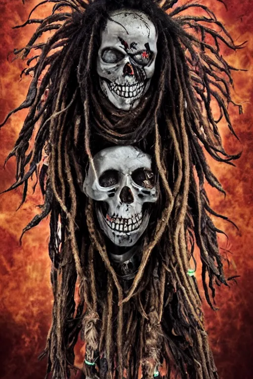 Prompt: a horror shaman with dreadlocks in sacrament of death and destruction