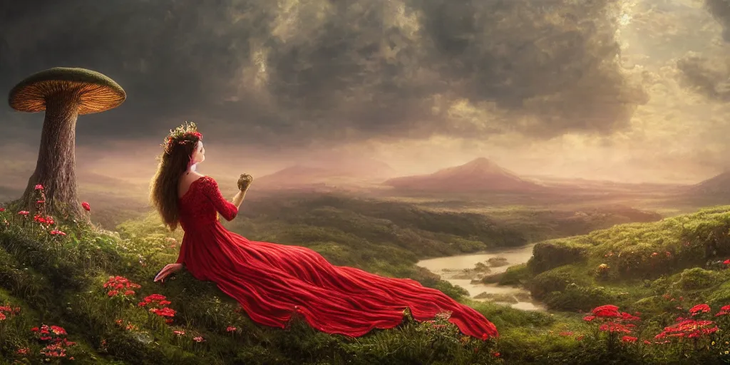 Prompt: an elegant fairy queen in a red lace dress sitting and looking out at a lord of the rings scenery landscape, vast lush valley flowers and giant mushroom structures, river, sunrise, god's rays highly detailed, vivid colour, soft clouds, floral sunset, cinematic lighting, perfect composition, 8 k, gustave dore, derek zabrocki, greg rutkowski, belsinski