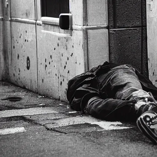 Prompt: a candid photograph, street photography, gritty, taken by a passerby of Ronald McDonald passed out drunk in an alleyway. He's unconscious and their are beer bottle knocked over beside him. It's raining, the ally has a dumpster next to him