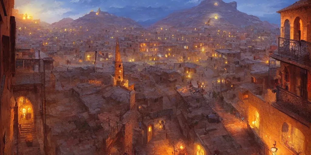 Prompt: mardin old town, oil painting by jordan grimmer and marc simonetti