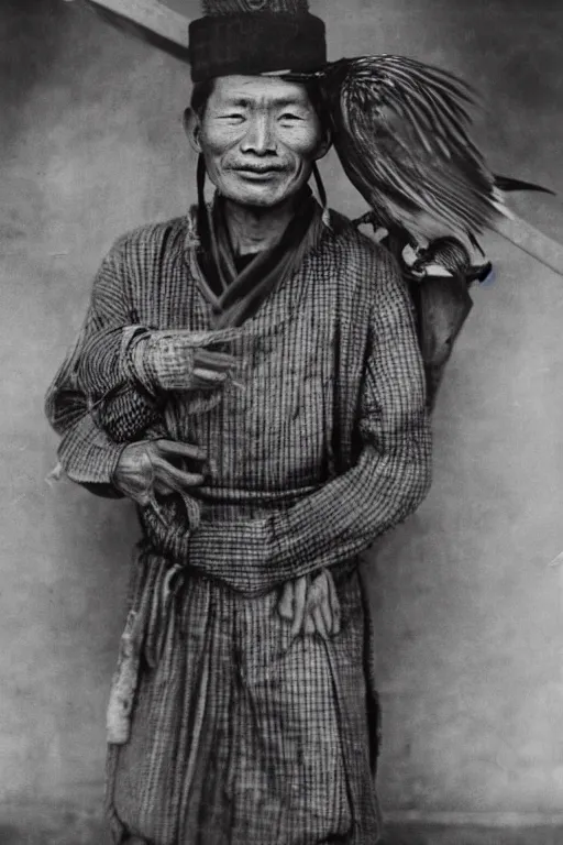 Prompt: ultra realistic vintage photo portrait of a tibetan man with a birdcage sunk in his flesh, by Annie Leibovitz,