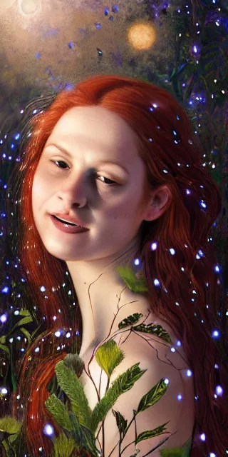 Image similar to young woman, smiling amazed, surrounded by firefly lights, full covering intricate detailed dress, amidst nature, long red hair, precise linework, accurate green eyes, small nose with freckles, beautiful smooth oval shape face, empathic, expressive emotions, dramatic lights, hyper realistic ultrafine art by artemisia gentileschi, jessica rossier, boris vallejo