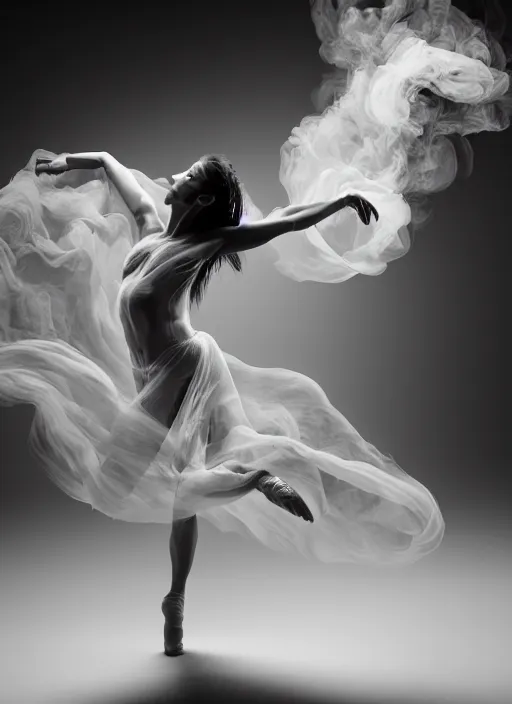 Image similar to a Photorealistic dramatic hyperrealistic render of a beautiful Female smoke dancer by Ken Brower and Deborah Ory of NYC Dance project,Lois Greenfield,Flowing cloth and smoke,Beautiful dynamic dramatic dark moody lighting,volumetric,shadows,cinematic atmosphere,Octane render,8K