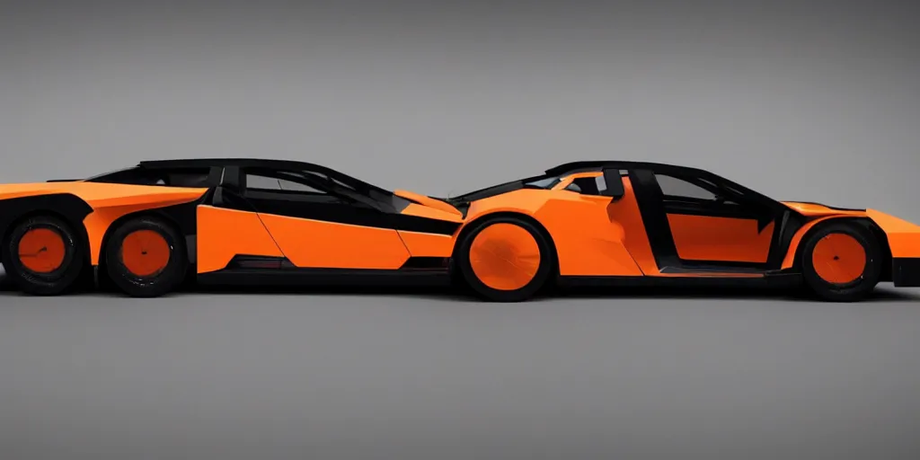 Prompt: a design of a futuristic DMC Delorian, designed by Polestar, blade runner background, back view, emerald car paint with bright orange accent detailing, black windows, sportscar, black show room, dramatic lighting, octane rendering, unreal engine rendering, hyper realistic render, depth of field, octane rendering