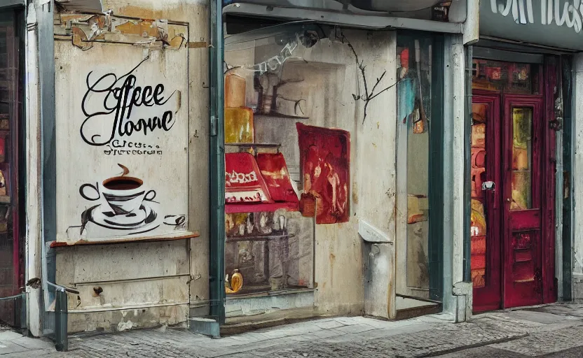 Image similar to a beautiful photo coffe cup painted on the metal curtain of a shop on the street