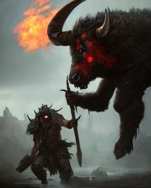 Prompt: oil painting of Angry Anthropomorphized Cow Berserker, wearing fur armor, claws, sharp focus, attack pose, fantasy style, octane render, volumetric lighting, 8k high definition, by greg rutkowski, highly detailed, trending on art Station, magic the gathering artwork, burning Battlefield background, centered