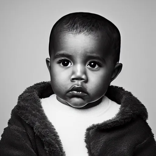 Prompt: the face of kanye west at 2 years old, portrait by julia cameron, chiaroscuro lighting, shallow depth of field, 8 0 mm, f 1. 8