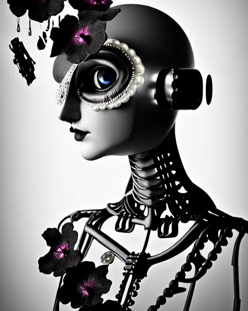 Image similar to black and white dreamy foggy poetic smoky profile face portrait, one silver steampunk realistic eye biomechanical beautiful angelic young female cyclope - cyborg - robot bust, body ribs meshes,, volumetric light, hibiscus flowers, by dora maar, rim light, big gothic fashion pearl embroidered collar, 8 k