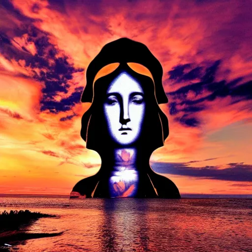 Image similar to sunset fractal clouds in shape of a gigantic virgin mary face
