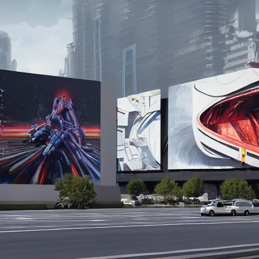 Image similar to sci-fi cars trucks motorcycles 50% of canvas in center and wall near structure on the coronation of napoleon painting and digital billboard in the middle and everything in style of zaha hadid and suprematism forms unreal engine 5 keyshot octane artstation trending bladerunner 2049 colors lighting ultra high detail ultra photo realistic 8k 16k in plastic dark tilt shift