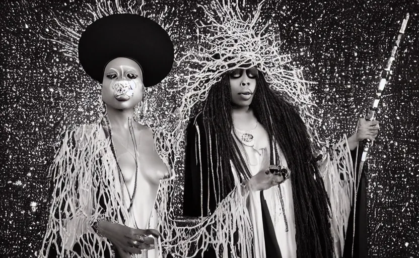 Prompt: “erykah badu as a funky voodoo queen wearing flowing black robes and a disco tophat holding a with a glowing crystal disco ball staff, by michalopoulos, by Silas onoja, By laurie Lipton, by josip csoor, 8k resolution, realistic shadows, 3D, rendered in octane, volumetric lighting, hyper detailed, photorealistic, voodoo”