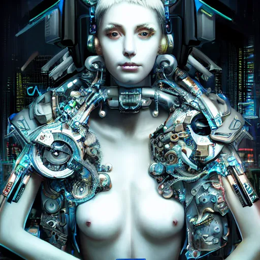 Image similar to the portrait of an absurdly beautiful, graceful, sophisticated, fashionable cyberpunk gynoid gravure idol, an ultrafine hyperdetailed illustration by kim jung gi, irakli nadar, intricate linework, neon wiring, porcelain skin, unreal engine 5 highly rendered, global illumination, radiant light, detailed and intricate environment