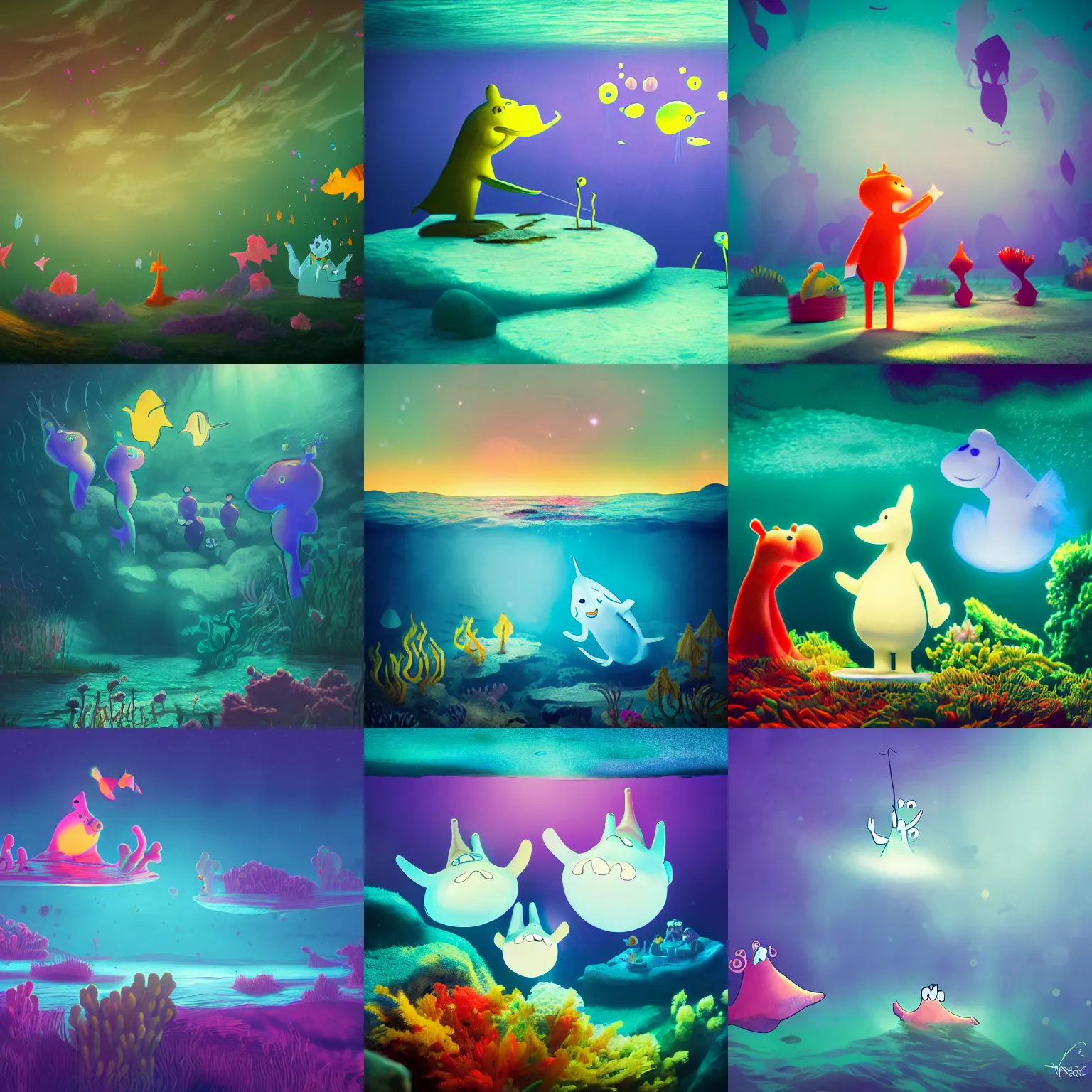 Prompt: underwater moomins looking at colorful bioluminescent fishes in the sky, hd-photography, trending on artstation