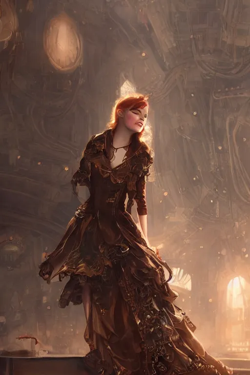 Image similar to Emma stone wearing a steampunk dress, intricate, elegant, volumetric lighting, scenery, digital painting, highly detailed, artstation, sharp focus, illustration, concept art,ruan jia, steve mccurry