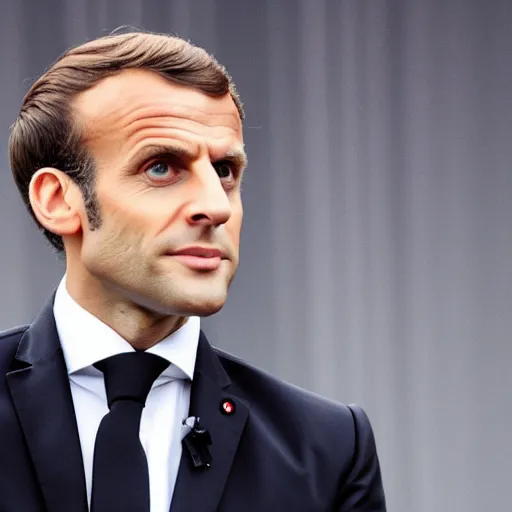 Prompt: Bald Emmanuel Macron shaved his head, photograph