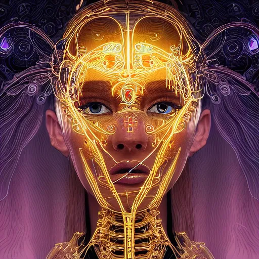 Prompt: very beautiful woman integrating with technology, full face frontal centered, portrait, insipiring, detailed intricate ornate neon cables connected to head, big open electric eyes, luxurious detailed abundent wiring and implants, gold, renaissance, sci - fi, detailed technology background with cyber flowers and insects, dramatic lighting, photography, highly detailed, artstation, 8 k,